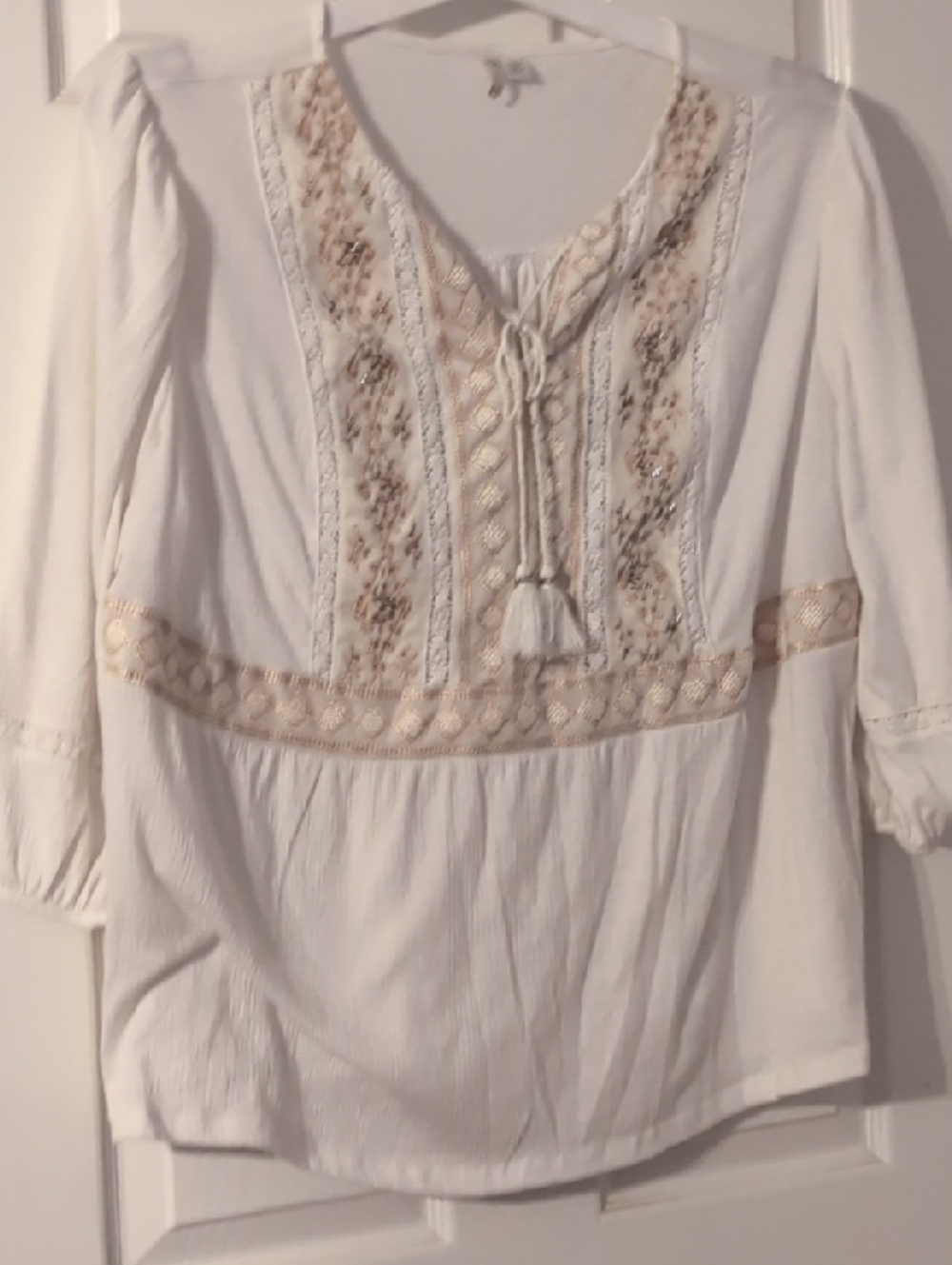 Cato White Peasant Blouse with Beige Embroidery